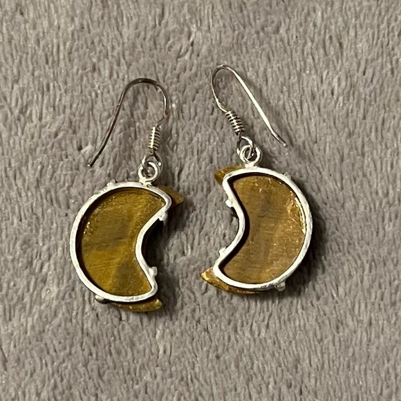 Tiger’s Eye Crescent Moon Drop Earrings 925 Sterling Silver NWOT - Picture 2 of 2
